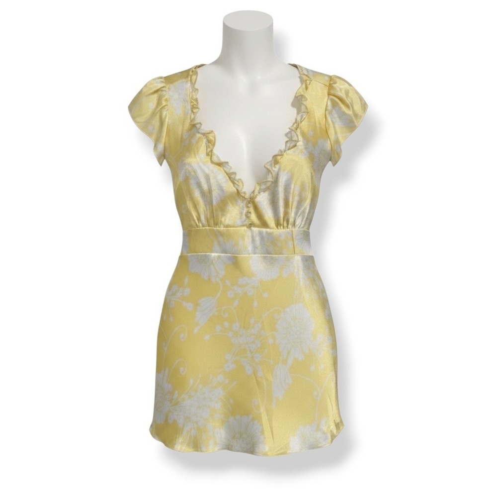 Y2K Butter Yellow Satin Babydoll Top Small Floral Ruffle Tie Back Coquette
